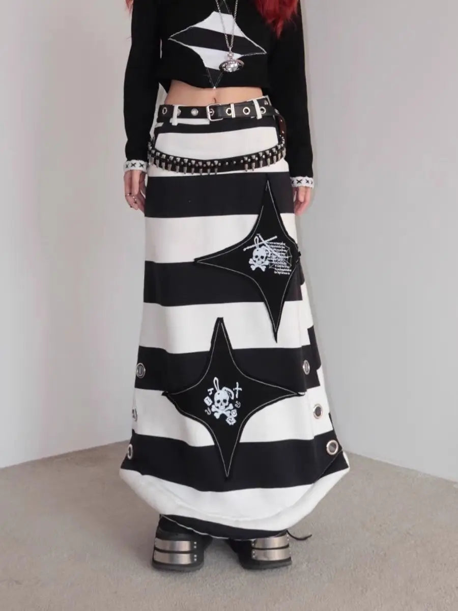 Alt Gothic Y2K Harajuku Black White Stripes Skull Patchwork Straight Tube Long Skirt