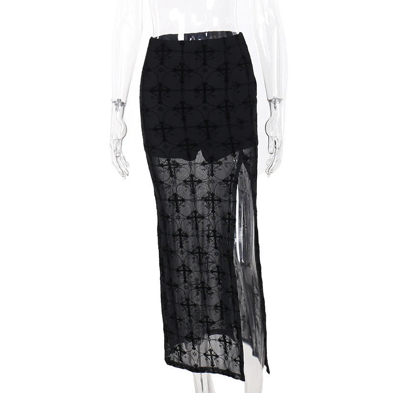 Gothic Vampire Cross Sheer High Slit Skirt