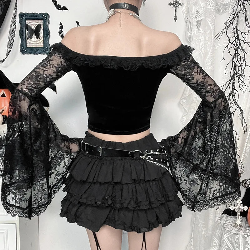 Gothic Romantic Goth Off Shoulder Bell Sleeve Lace Patchwork Top