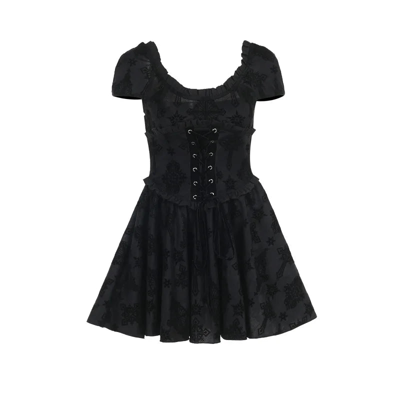 Gothic Romantic Goth Crosses Sheer Lace Up Corset Waist Mini Dress ROCK 'N DOLL Gothic Romantic Goth Crosses Sheer Lace Up Corset Waist Mini Dress ROCK 'N DOLL