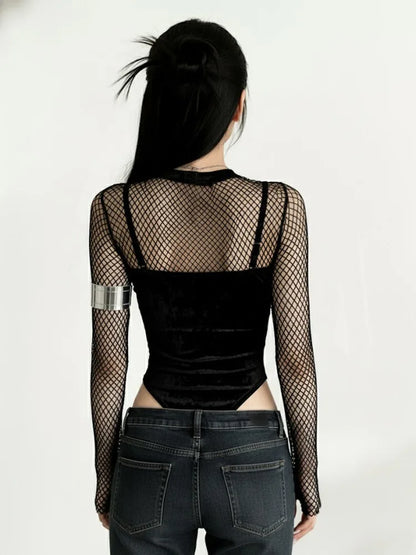 Gothic Y2K Alt Goth Cross Embroidered Fishnet Bodysuit Top