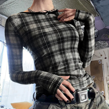 Gothic Alt Grunge Sheer Gray Black Plaid Long Sleeve Top