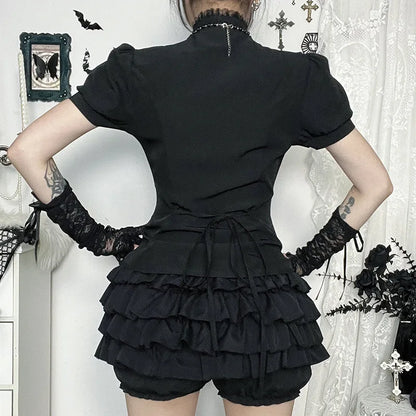 Gothic Victorian Goth Lace Patchwork Hollow Out Short Sleeve Blouse Top