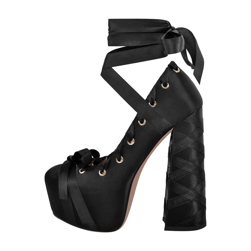 Gothic Lolita Harajuku Bow Ribbon Lace-up Ballet Pumps Platform Heels Shoes (available in 12 colors)
