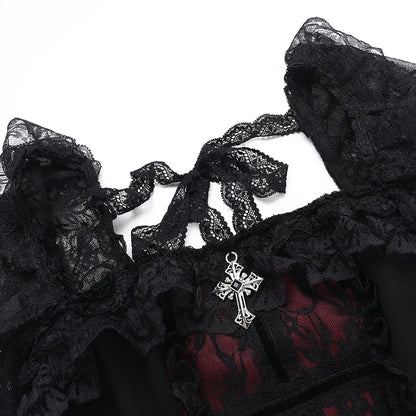 Gothic Cross Patchwork Lace Sleeves Romantic Goth Top