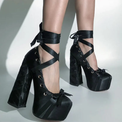 Gothic Lolita Harajuku Bow Ribbon Lace-up Ballet Pumps Platform Heels Shoes (available in 12 colors)