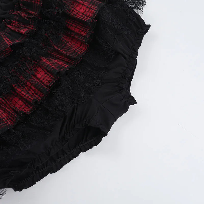 Gothic Harajuku Red Plaid Black Lace Patchwork Bloomers Shorts