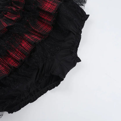 Gothic Harajuku Red Plaid Black Lace Patchwork Bloomers Shorts