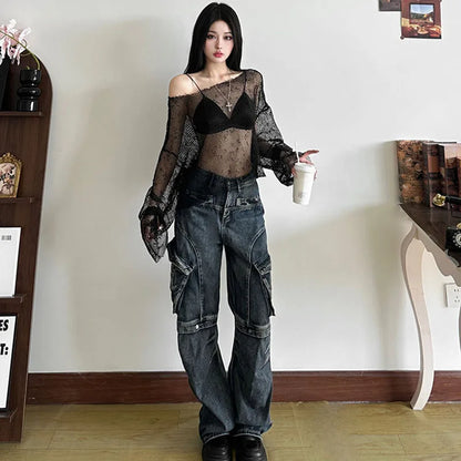 Gothic Y2K Alt Fishnet Mesh See Through Long Sleeves Top
