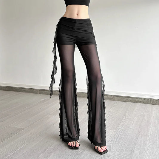 Gothic Coquette Sheer See Through Alt Goth Flare Pants