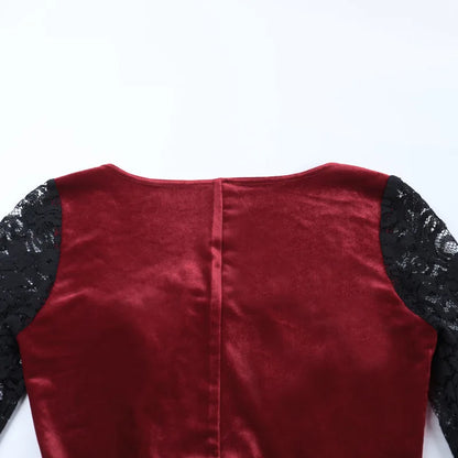 Gothic Romantic Vampire 90s Goth Black Lace Patchwork Red Velvet Double High Slit Long Bodycon Dress
