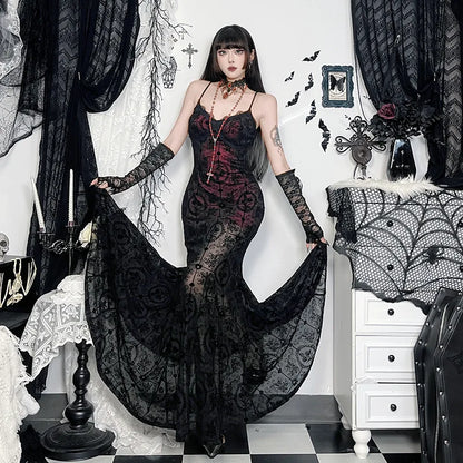Gothic Alt Goth Dark Vintage Sheer Overlay Spaghetti Strap Dress