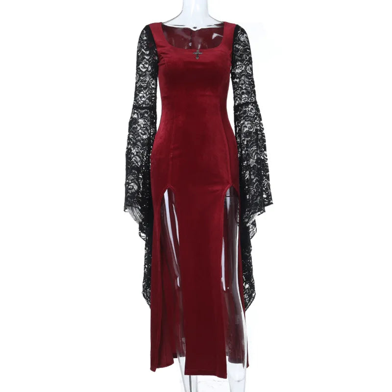 Gothic Romantic Vampire 90s Goth Black Lace Patchwork Red Velvet Double High Slit Long Bodycon Dress
