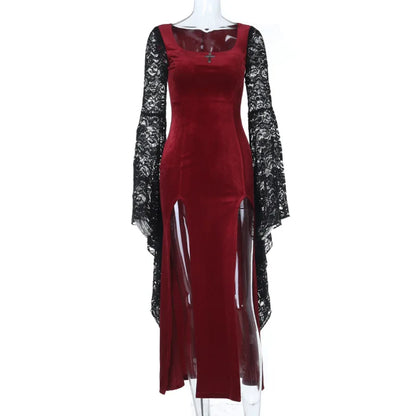 Gothic Romantic Vampire 90s Goth Black Lace Patchwork Red Velvet Double High Slit Long Bodycon Dress