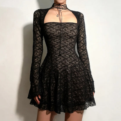 Gothic Alt Goth Square Collar Lace Mini Dress