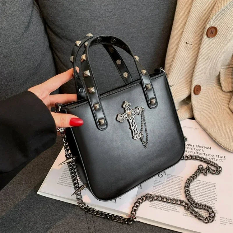 Gothic Alt Goth Cross Skull Spikes Chain Strap Crossbody Bag (available in 3 colors)