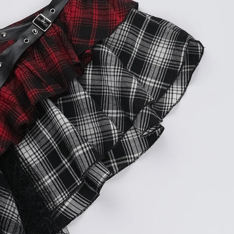 Alt Gothic Grunge Irregular Hem Layered Plaid Mini Skirt