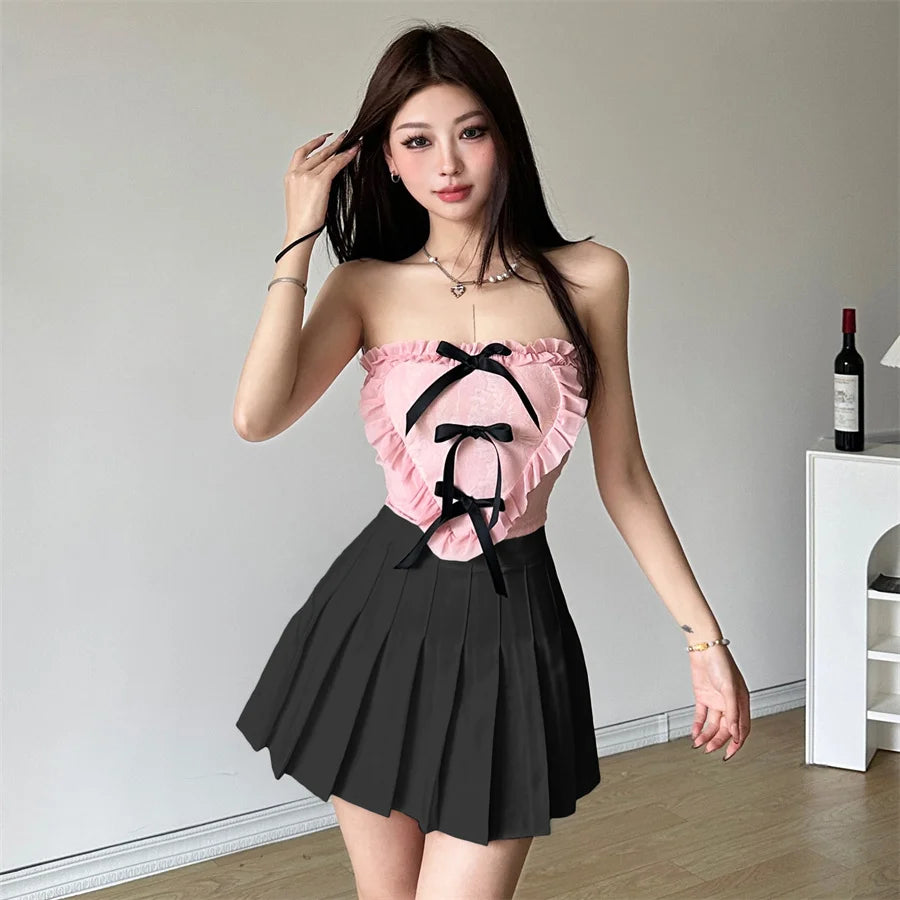 Coquette Pink Frayed Bow Tie Chest Wrapping Vest Top