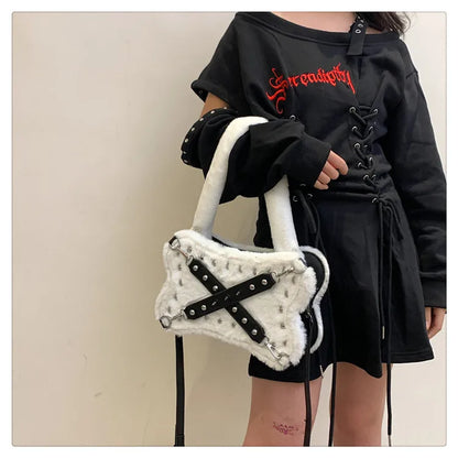 Gothic Alt Goth Y2K Bone Plush Studded Crossbody Shoulder Bag (available in 2 colors)
