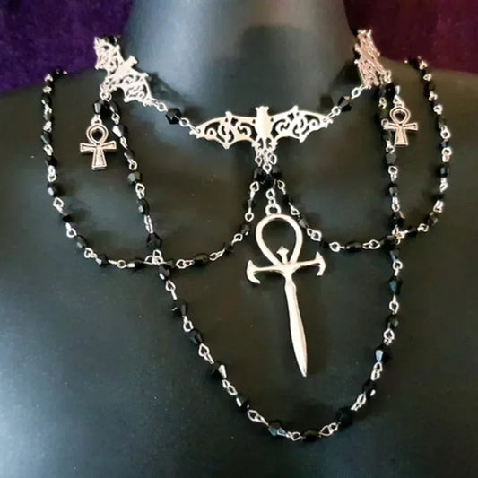 Gothic Alt Goth Ankh Cross Bat Rosary Choker Necklace