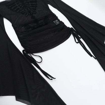 Gothic Alt Goth Off Shoulder Skeleton Print Flare Sleeve Top