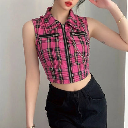 Gothic Grunge Alt Goth Punk Zipper Chain Plaid Vest Top (available in 2 colors)