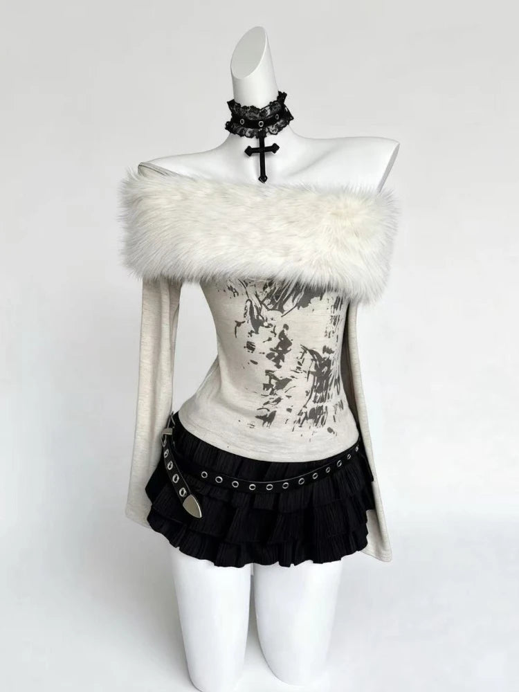 Gothic Y2K Off Shoulder Faux Fur Collar Printed Top (available in 2 colors)