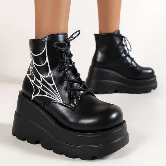 Gothic Spider Web Lace Up Chinky Wedge Platform Boots