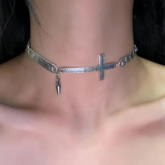 Gothic Y2K Silver Color Spliced Cross Choker Necklace