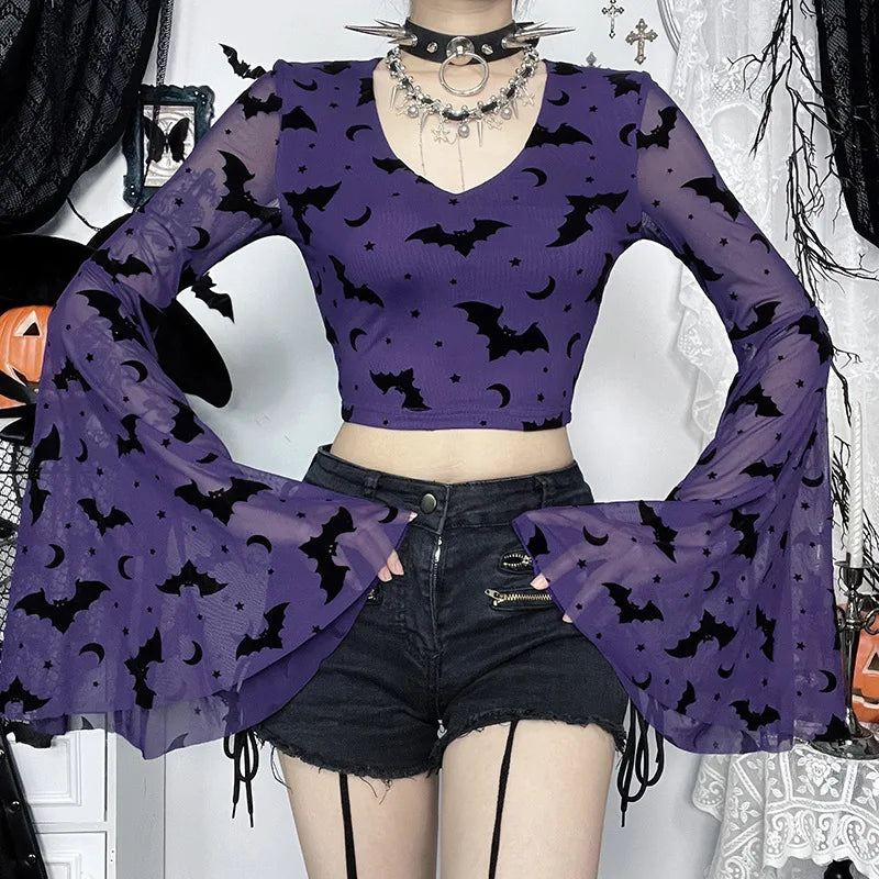 Gothic Alt Goth Batwing Flock V-neck Long Sleeve Top