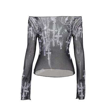 Gothic Cross Print Off Shoulder Mesh Long Sleeve Top