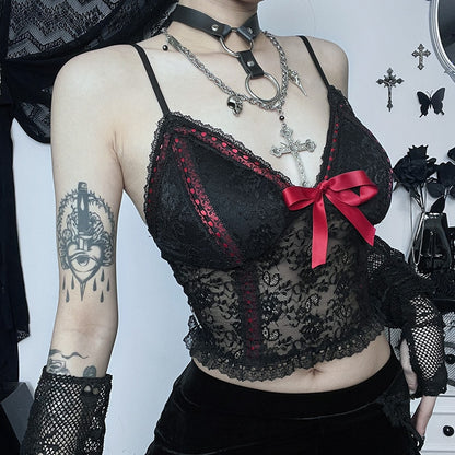 Gothic Red Bow Lace Camisole Top