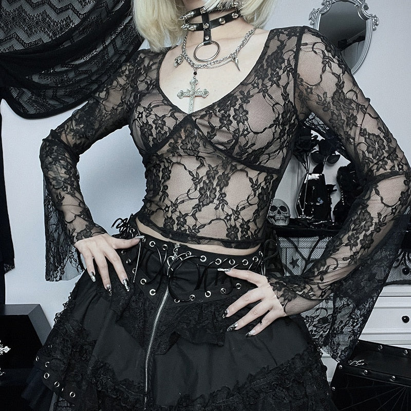 Gothic Fairycore Lace V Neck Flared Long Sleeve Top