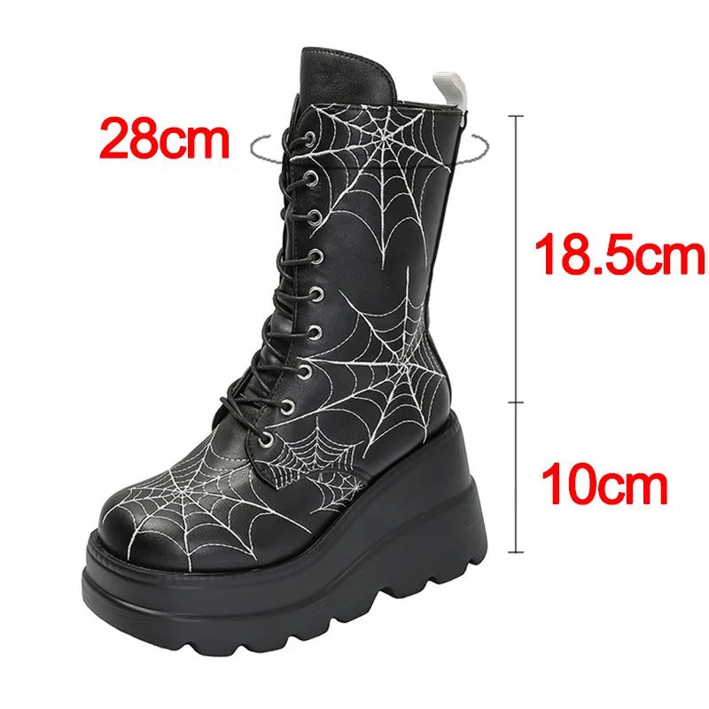 Gothic Alt Goth Halloween Spider Web Chunky Platform Mid Calf Boots