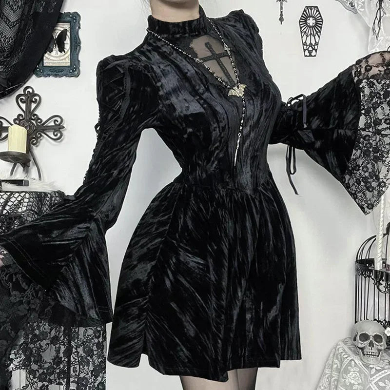 Gothic Alt Goth Vintage Cross Lace Patchwork Bell Sleeves Mini Dress