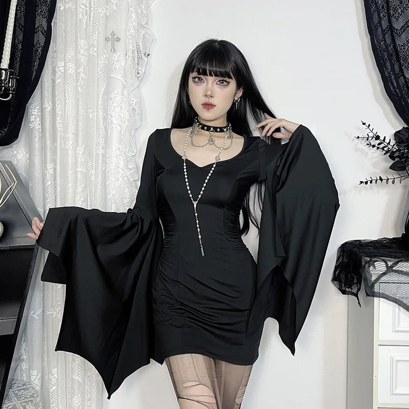 Gothic Bat Wing Sleeves Mini Dress