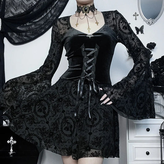 Gothic Romantic Vintage Sheer Bell Sleeves Lace Up Waist Mini Dress