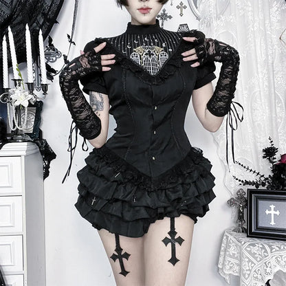 Gothic Moon Cathedral Embroidery Lace Trim Puff Sleeve Top