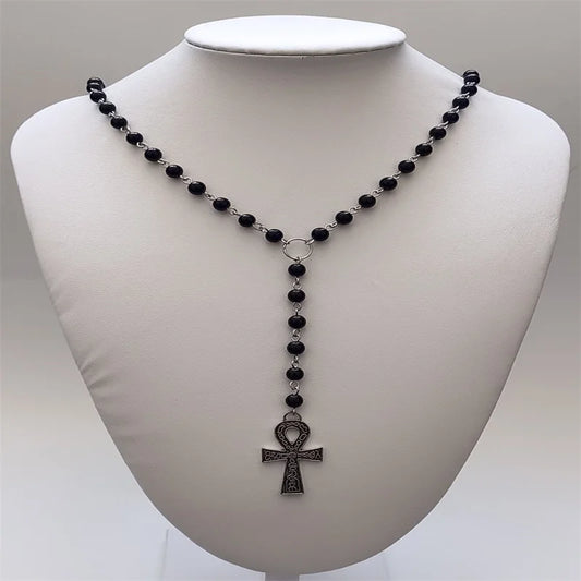 Gothic Egyptian Ankh Cross Pendant Rosary Necklace