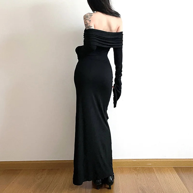 Gothic Romantic Goth Off Shoulder Ruffle Slit Long Sleeve Bodycon Long Dress