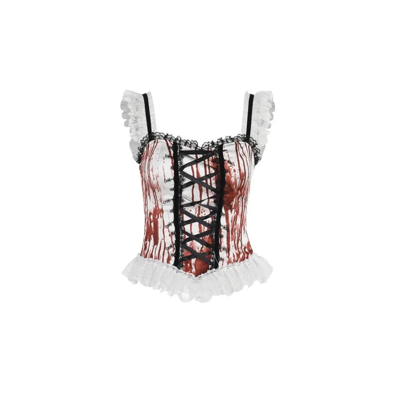 Gothic Alt Goth Halloween Blood Red Print Lace Patchwork Tank Top