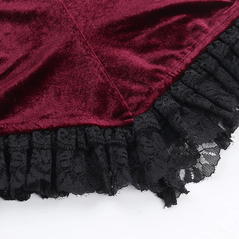 Gothic Romantic Ruched Lace Trim Velvet Top
