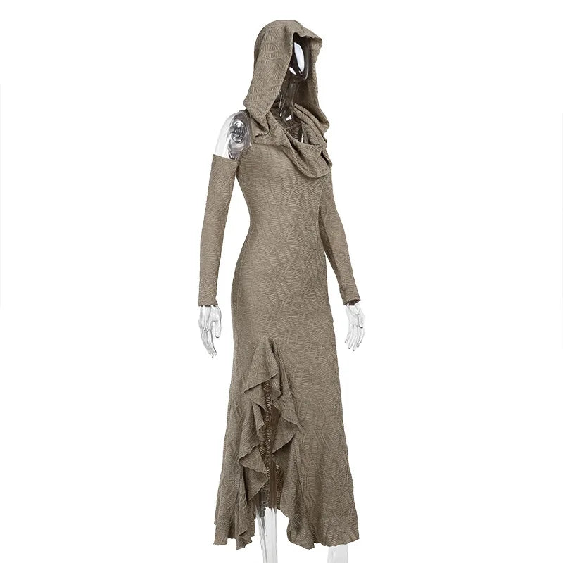 Gothic Beige Goth Hooded Bodycon Long Side Slit Dress with Arm Warmer