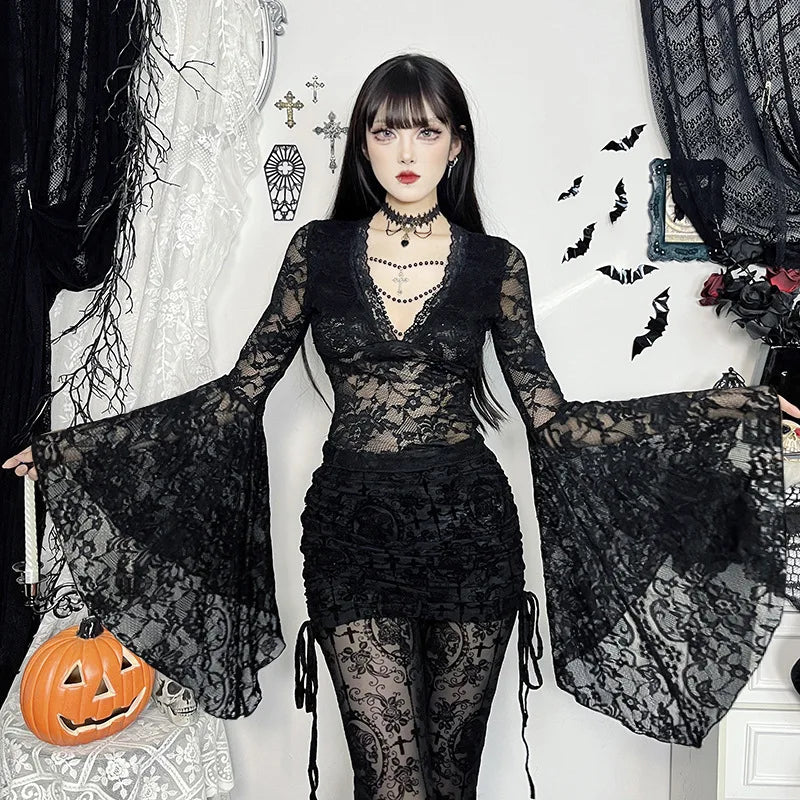 Gothic Vampire V-Neck Chain Beads Lace Bell Sleeves  Top