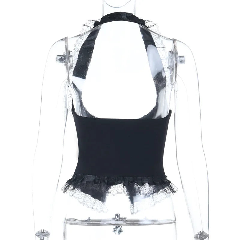 Gothic Alt Goth Halter Lace Trim Corset Waist Coat Top