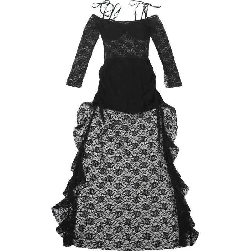 Gothic Vampire Goth Off Shoulder Lace Long Sleeves Irregular Hem Layered Dress