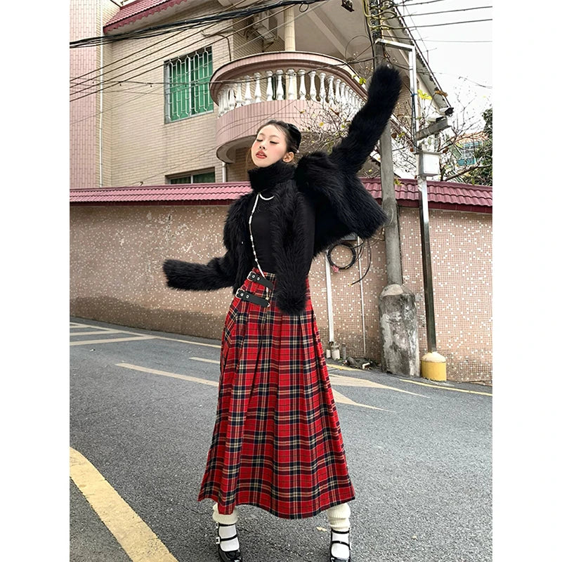 Gothic Grunge 90s Buckled Pleated Red Plaid A-Line Skirt