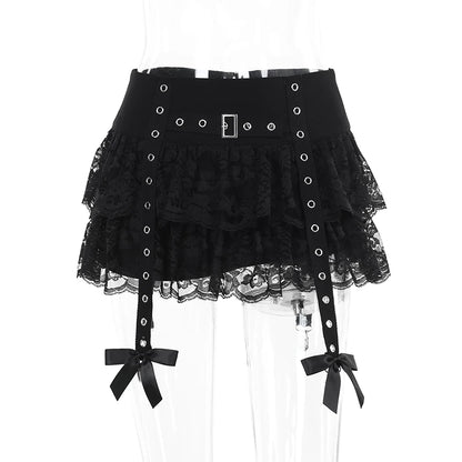 Gothic Alt Grommet Straps Ruffle Lace Mini Skirt