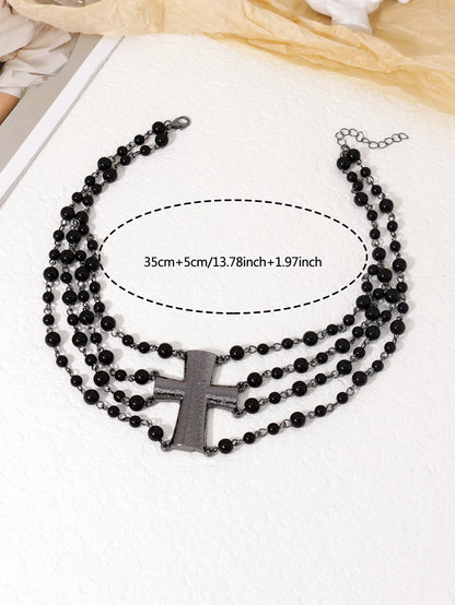 Gothic Romantic Victorian Goth Black Cross Beads Choker Necklace