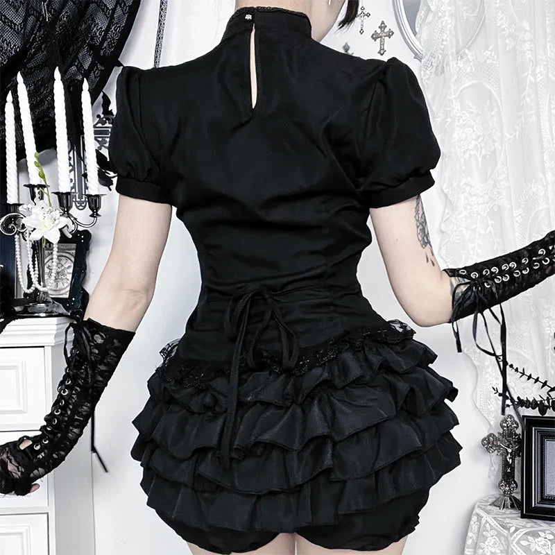 Gothic Moon Cathedral Embroidery Lace Trim Puff Sleeve Top